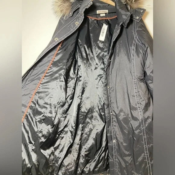 Michael Kors Long Down Coat Jacket Black Womens Size Large Hooded Parka NWT